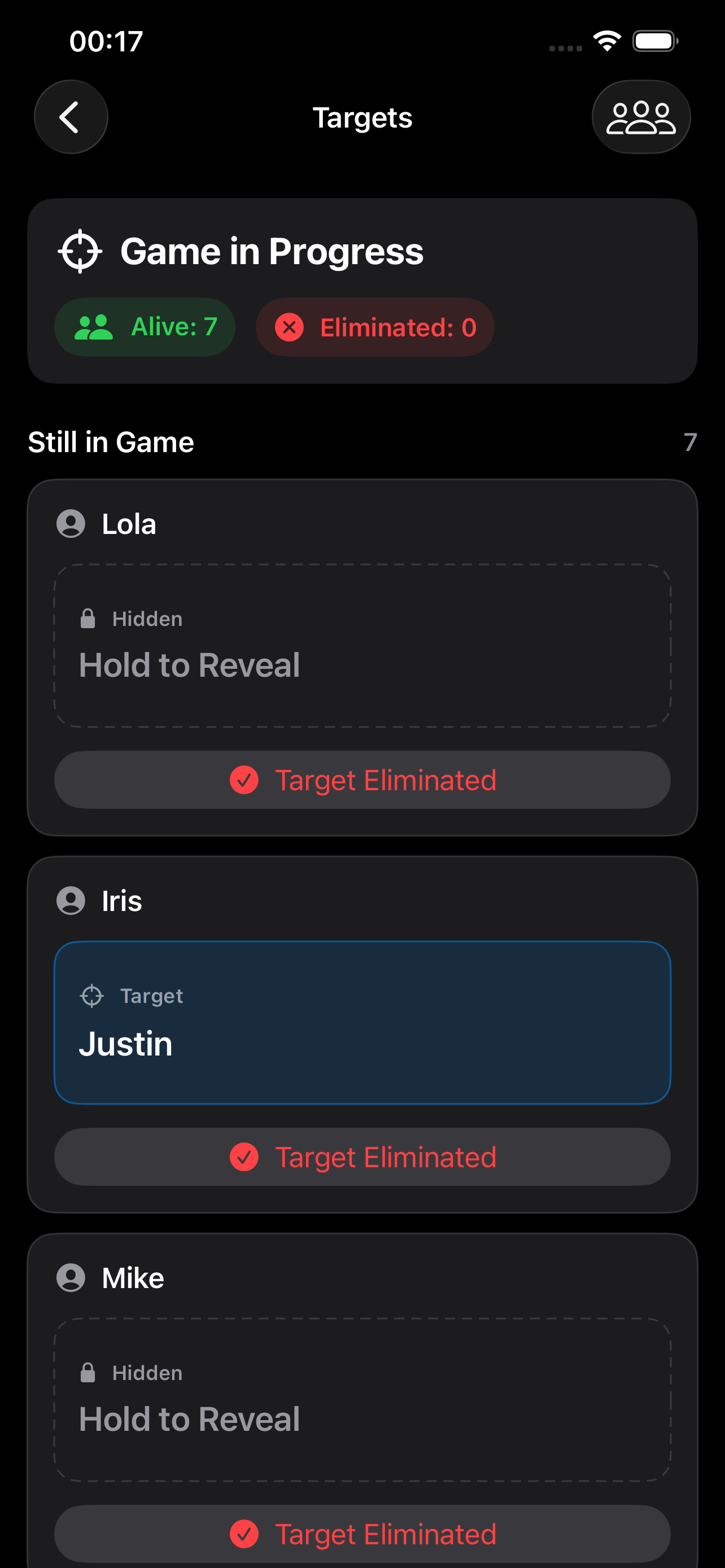 Secret Targets interface showing targets and players